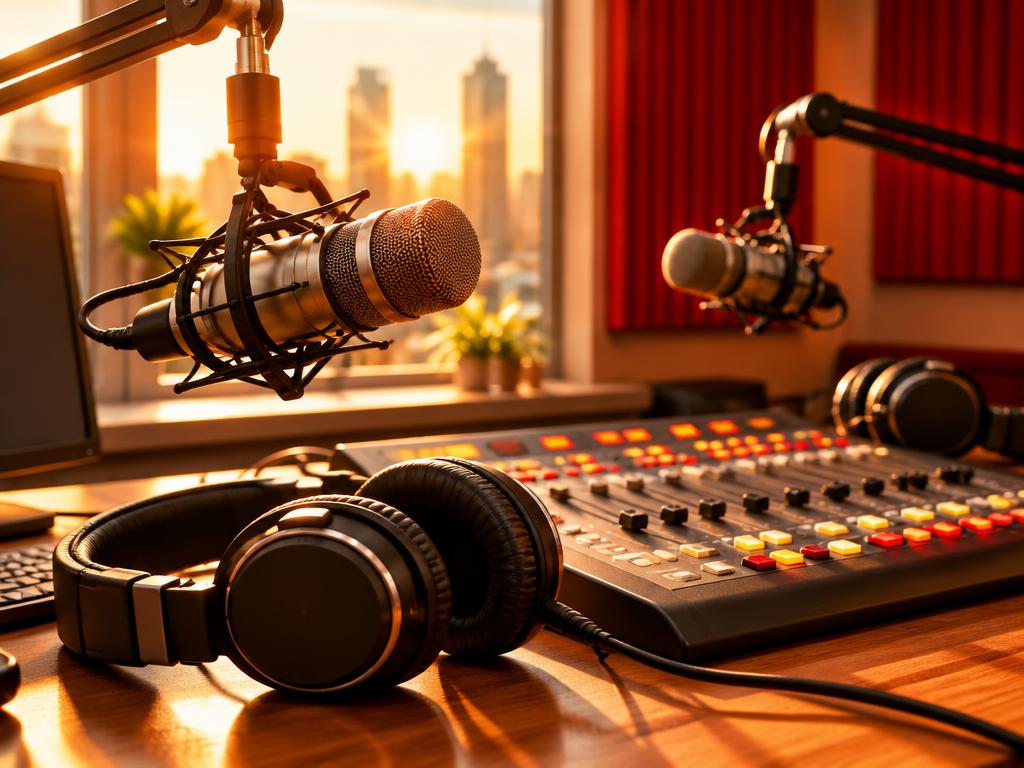 Sunlight over radio microphones and headphones